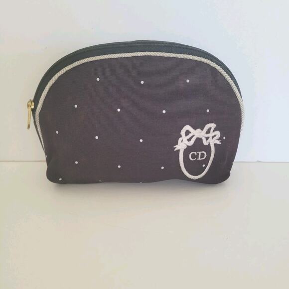 Christian Dior Vintage Black WhiteCosmetic Bag Make Up Zip Pouch Polka Dot Retro - Picture 1 of 11